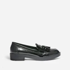 Mocassin Noir Vernis à Pompons