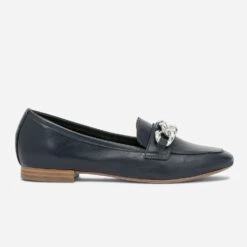 Mocassin Bleu Marine En Cuir Maxi Chaîne Dorée