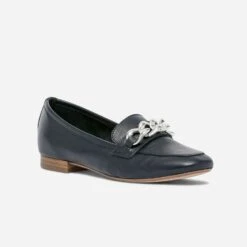 Mocassin Bleu Marine En Cuir Maxi Chaîne Dorée -Univers Chaussure Magasin WWWERM 10383580411 1