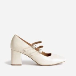 Babies à Talon Beige Verni à Double Bride