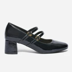 Babies à Talon Noir Verni à Double Bride