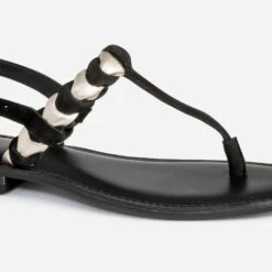 Sandale-tong TEXTO Noir En Cuir Velours Tressé Or -Univers Chaussure Magasin WWWERM 10385760107 5