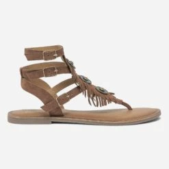 Sandale-tong TEXTO Cognac En Cuir Velours Avec Plume Et Médailles