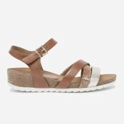 Sandale Compensée CAPRICE Cognac Et Doré En Cuir