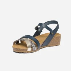 Sandale Anatomique Compensée Marine Et Or En Cuir -Univers Chaussure Magasin WWWERM 10385920280 2