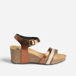 Sandale Compensée Anatomique Marron En Cuir Métallisé