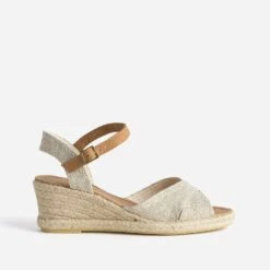 Sandale Compensée Beige Pailleté Or