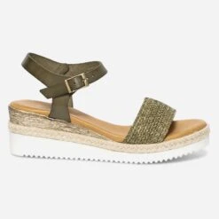 Sandale Kaki En Cuir Avec Bride Tressée