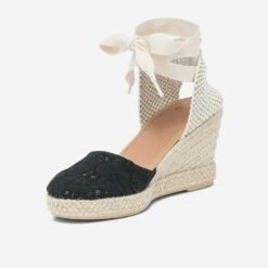 Espadrille Compensée Noire En Toile Avec Broderie Anglaise -Univers Chaussure Magasin WWWERM 10386420610 2