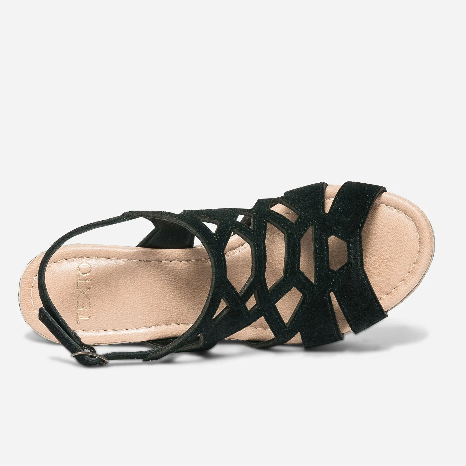 Sandale Compensée TEXTO Noire En Cuir Velours 7 Sandale Compensée TEXTO Noire En Cuir Velours – Image 5